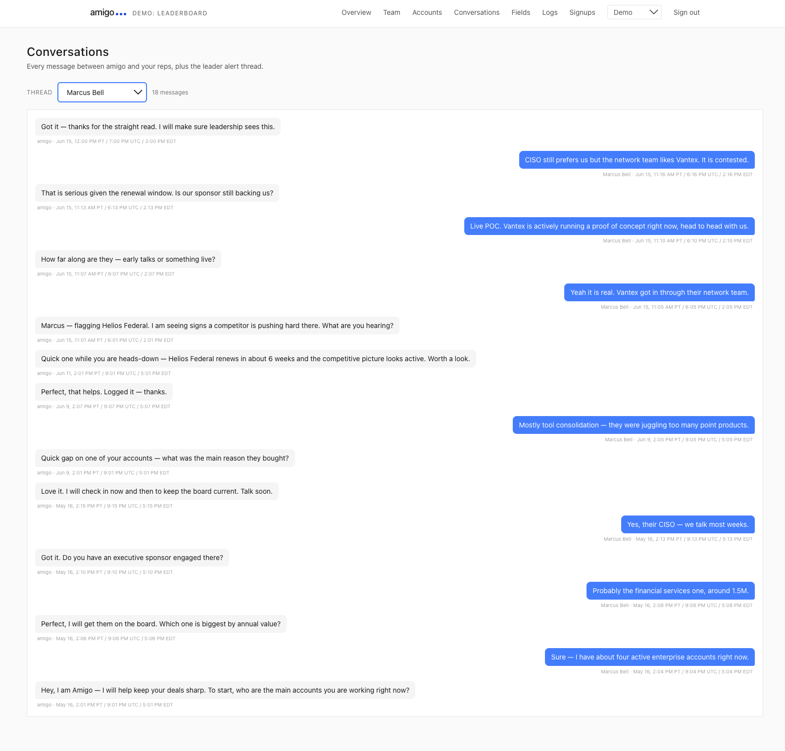 Amigo text conversation with rep about competitive threat